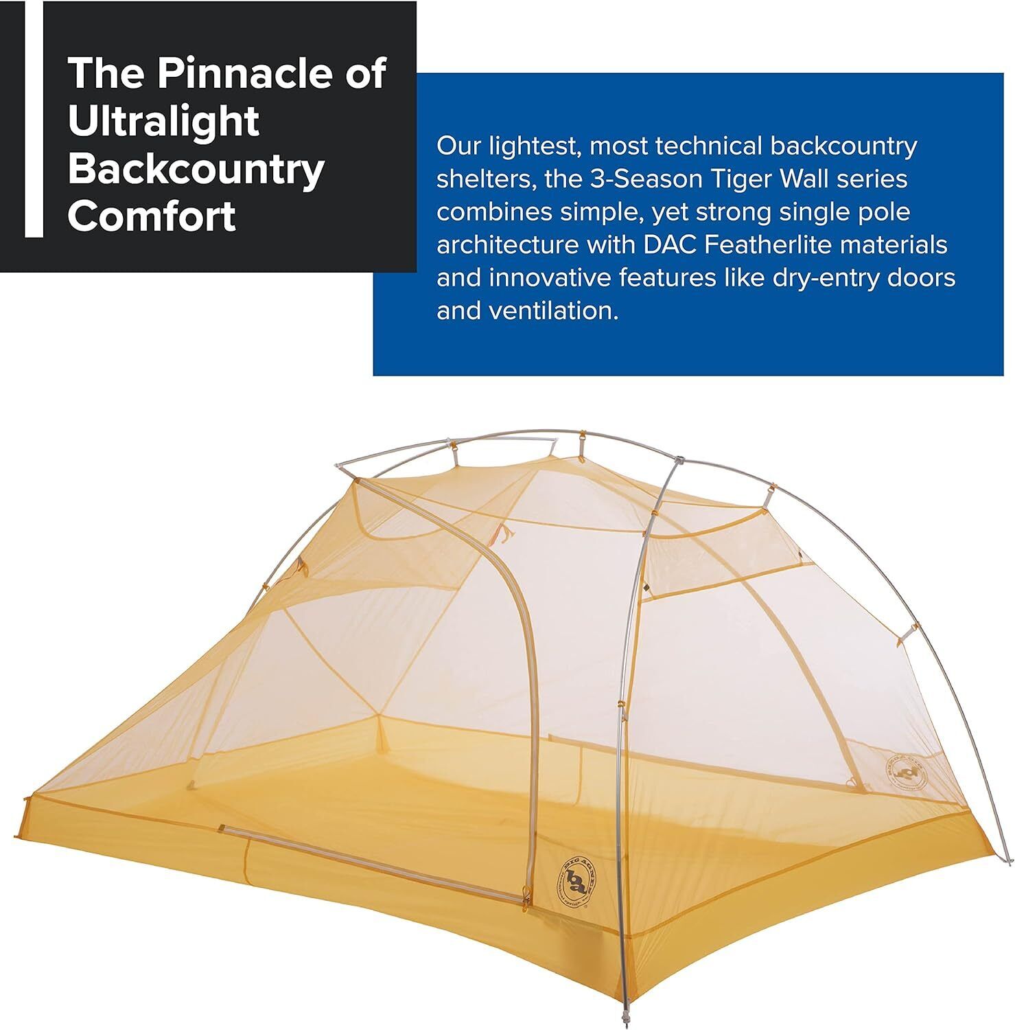 Big Agnes Tiger Wall 3P Yellow UL w/ UV Resistant Solution Dyed Fabric Tent New - AllSportsWearUSA